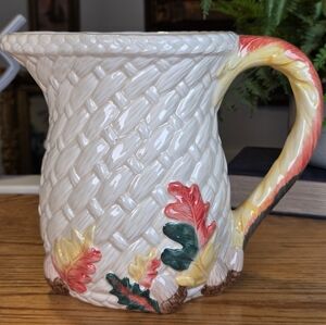 Vintage Long Rich Fall Harvest Ceramic Pitcher - Acorn & Oak Leaf Basketweave